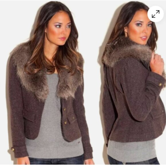 Vintage Y2K Jacket Blazer Guess Wool Blend Faux Fur Detachable Collar NWOT NEW - Picture 1 of 16